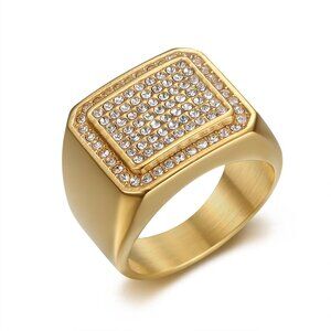 3/$35 Men’s Gold Plated Bling Square Titanium Ring Cubic Zirconia CZ Jewelry